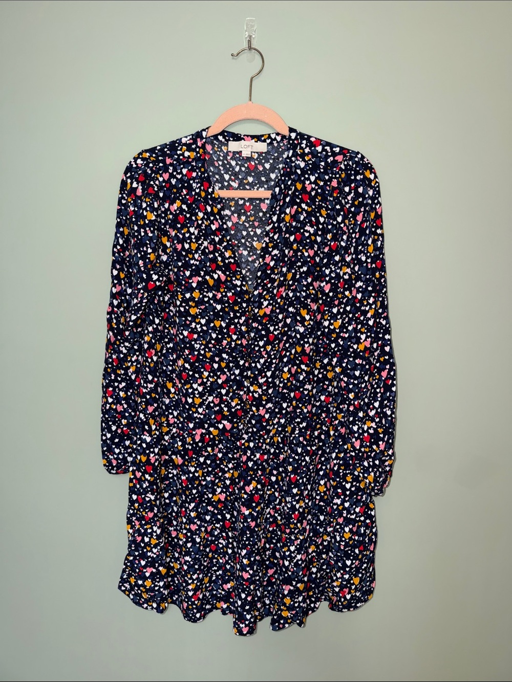 LOFT Heart Print Tiered Mini Dress M Navy Multicolor Button Loop